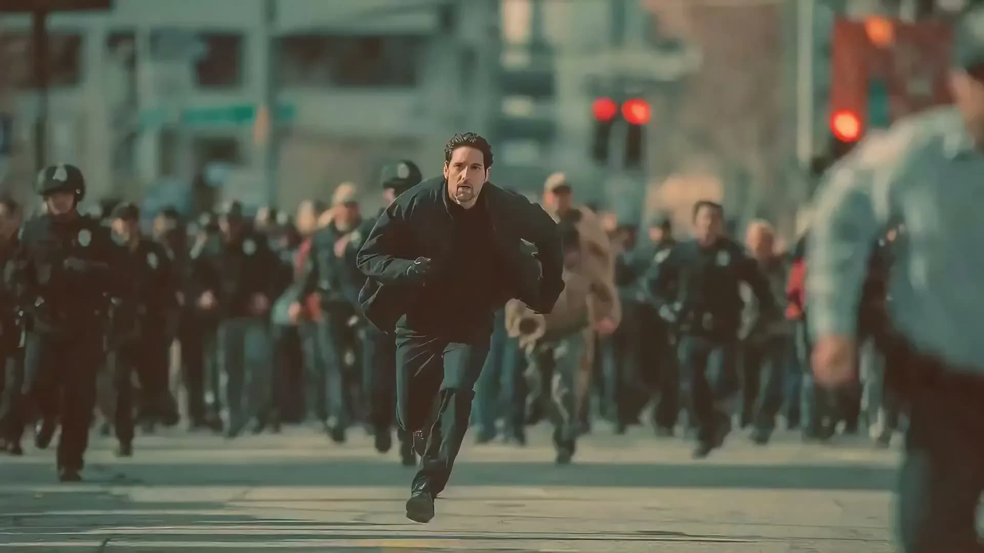 Man in black running through a street chase scene
